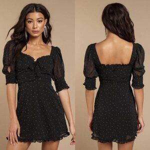 For Love & Lemons Lucky Dice Mini Puff Ruffle Sleeve Black Crystal Dot Dress
